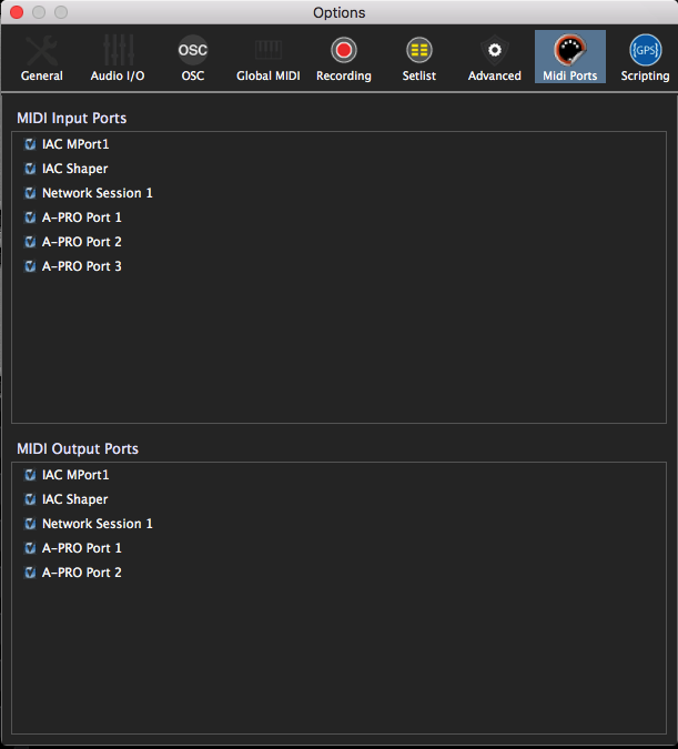 MIDI port setup