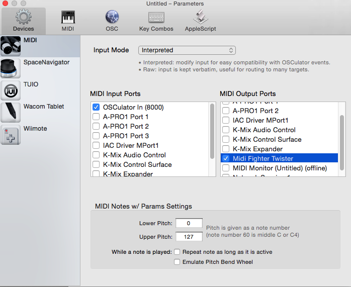 Osculator, selecting the output device to where MIDI events will be sent