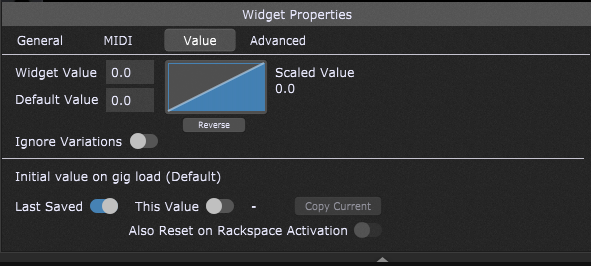 Initial value on gig load, Widget Properties Inspector in Gig Performer.