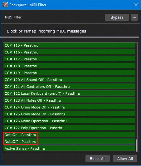 MIDI Filter NoteOn and NoteOff events