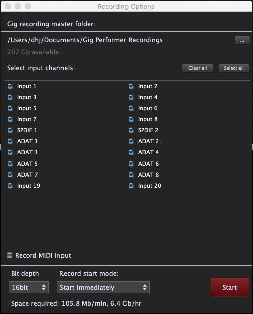 Gig Performer, Recording Options, Select Input channels