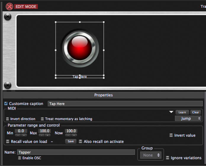 Gig Performer Edit Mode, red LED button, set name to Tapper