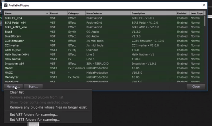 Gig Performer, Manage Available Plugins in Plugin Manager; Set VST folders for scanning