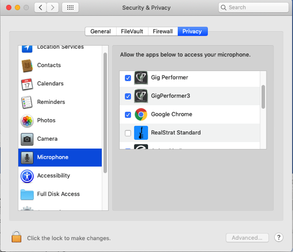 MacOS, Security & Privacy, Allow microphone access to Gig Performer