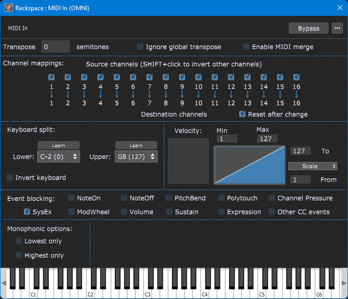 Plugin editor for a MIDI In Block, in Gig Performer, VST host