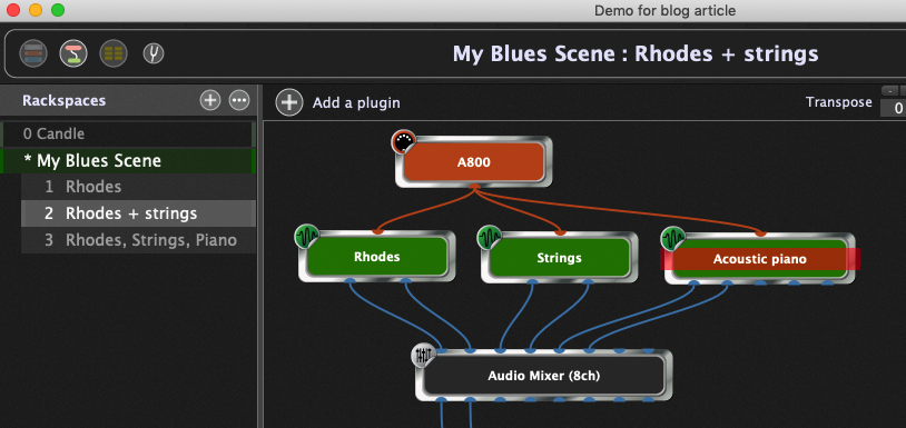 Gig Performer Rackspace, with three plugins (Electric piano, strings, acoustic piano) all playable from a single MIDI keyboard controller.