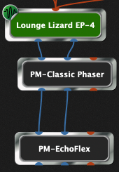 Gig Performer rackspace, no concept of a channel strip. See directly the audio flow.