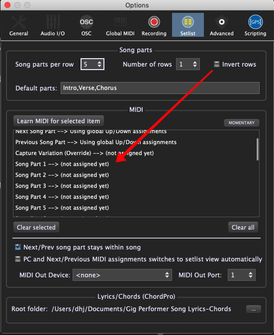 How to use the same set of PC messages to select parts in any song