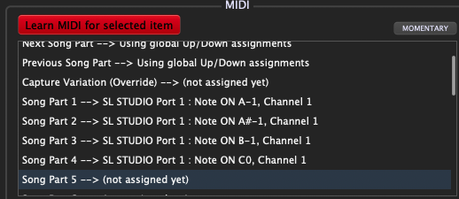 Learn MIDI for an unassigned song part in Gig Performer, setlists.