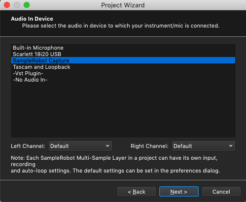 Kontakt plugin, SampleRobot Project Wizard, Audio In Device