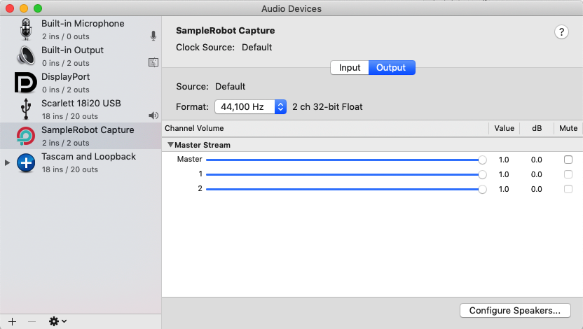 Audio MIDI Setup application in Mac, Loopback, a new audio interface called SampleRobot Capture is listed