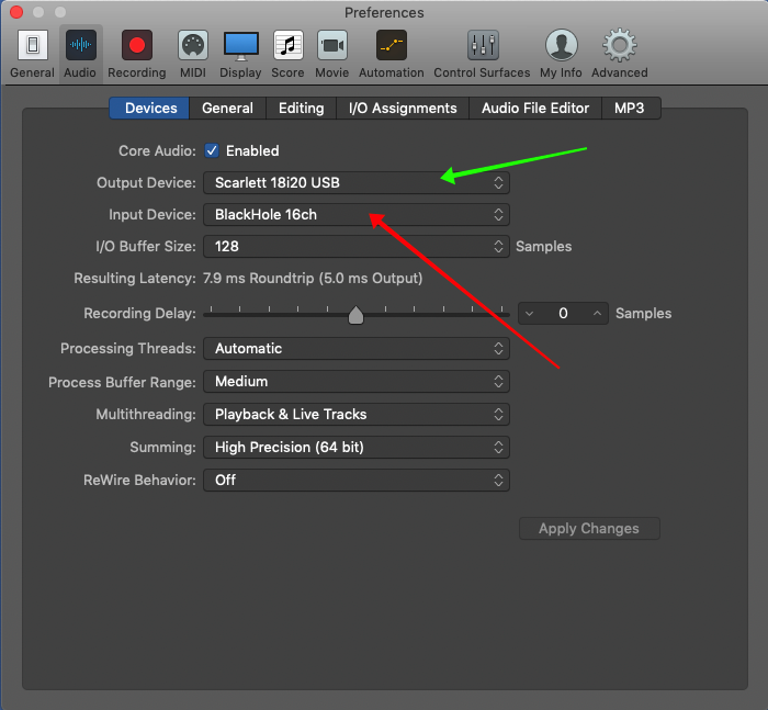 Logic Pro X, Preferences, Audio, Devices, Input Device, Output Device, Mac