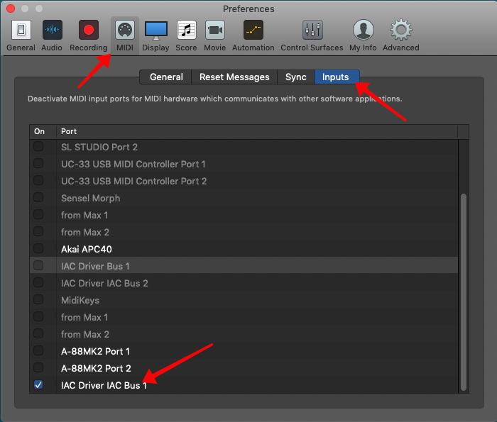 Logic Pro X Preferences, MIDI Inputs, IAC Driver IAC Bus 1