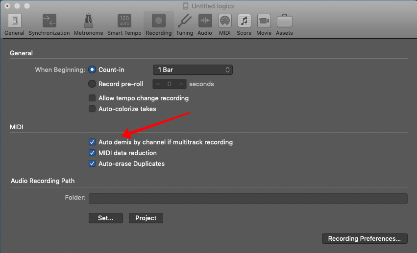 Logic Pro X Preferences, Recording, Auto demix by channel if multitrack recording