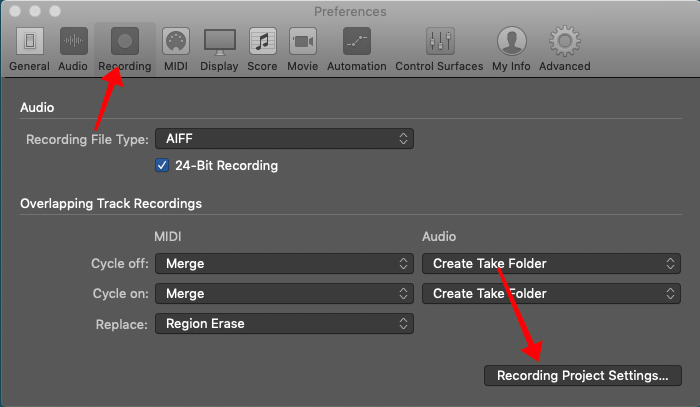 Logic Pro X Preferences, Recording, Overlapping Track Recordings