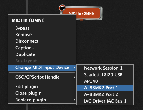 Gig Performer, Change MIDI In (OMNI) Input Device, use A-88MK2 Port 1