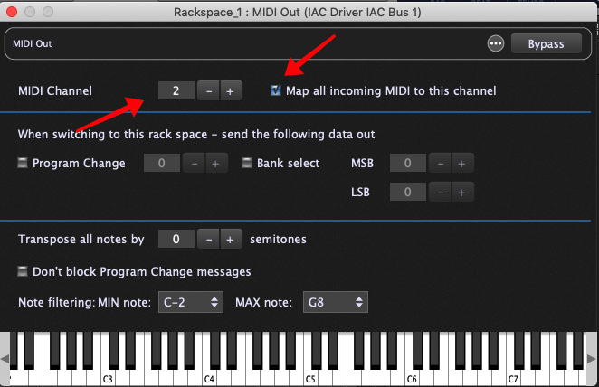 Double-click on the MIDI Out block in Gig Performer to open its plugin editor. Change the MIDI Channel to 2, check Map all incoming MIDI to this channel
