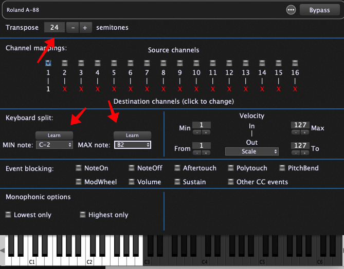 Double-click on each Midi In block (one at a time) and adjust the keyboard range and Transpose