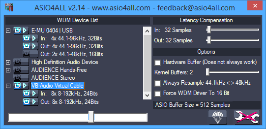 ASIO4ALL v2.14 control panel, WDM Device list properties, E-MU 0404 USB, VB-Audio Virtual Cable