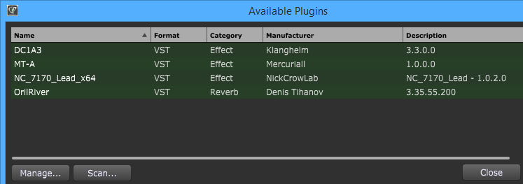 Available VST plugins in Gig Performer