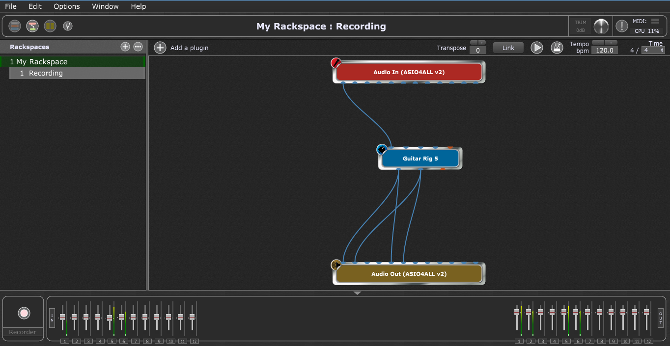 Gig Performer Back View, Native Instruments Guitar Rig 5 VST plugin, record outputs out of Guitar Rig 5