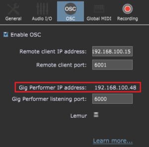 Gig Performer OSC configuration