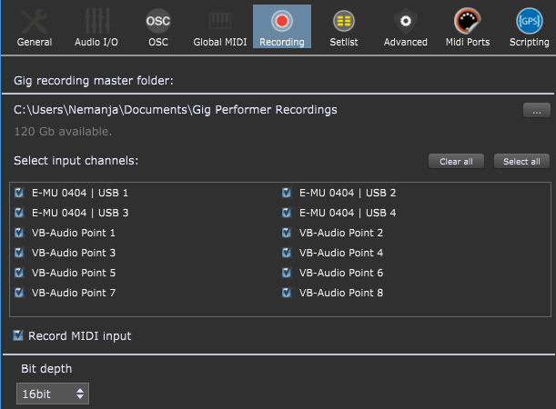 Gig Performer, audio plugin host, Recording tab, Record input channels