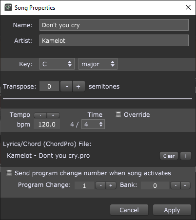 Song Properties, ChordPro is linked to a song, Gig Performer