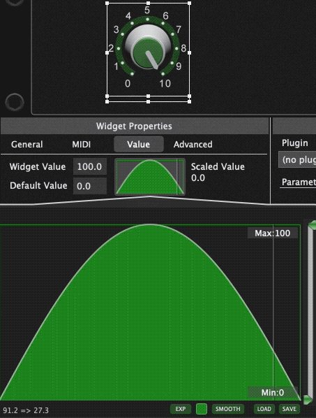 See changes in widget value vs scaled value, when max and min are set, widget curve scaling system, Gig Performer 4