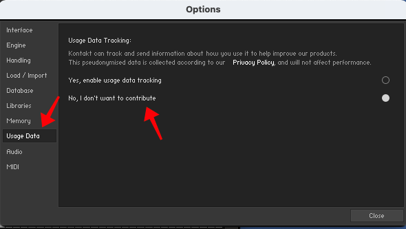 Disable Usage data Tracking in Native Instruments Kontakt 6