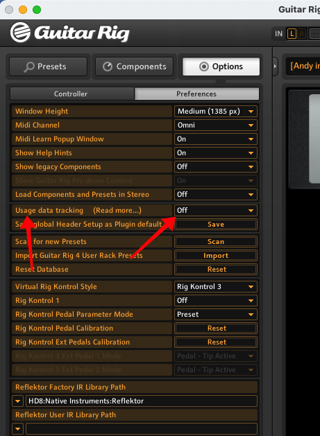 Disable Usage data Tracking in Native Instruments Guitar Rig 5