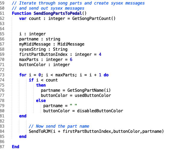 Iterate through song parts and create SysEx messages and send out Systex messages.