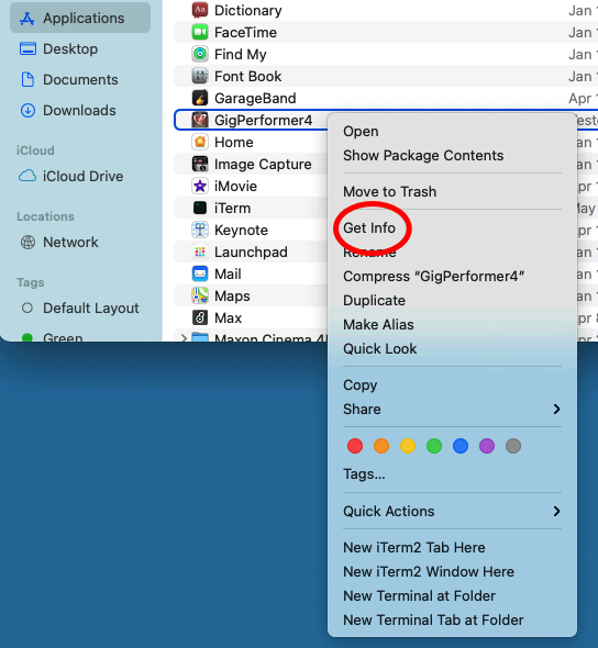 Applications folder on Mac. Right click on GigPerformer 4 and select Get Info.