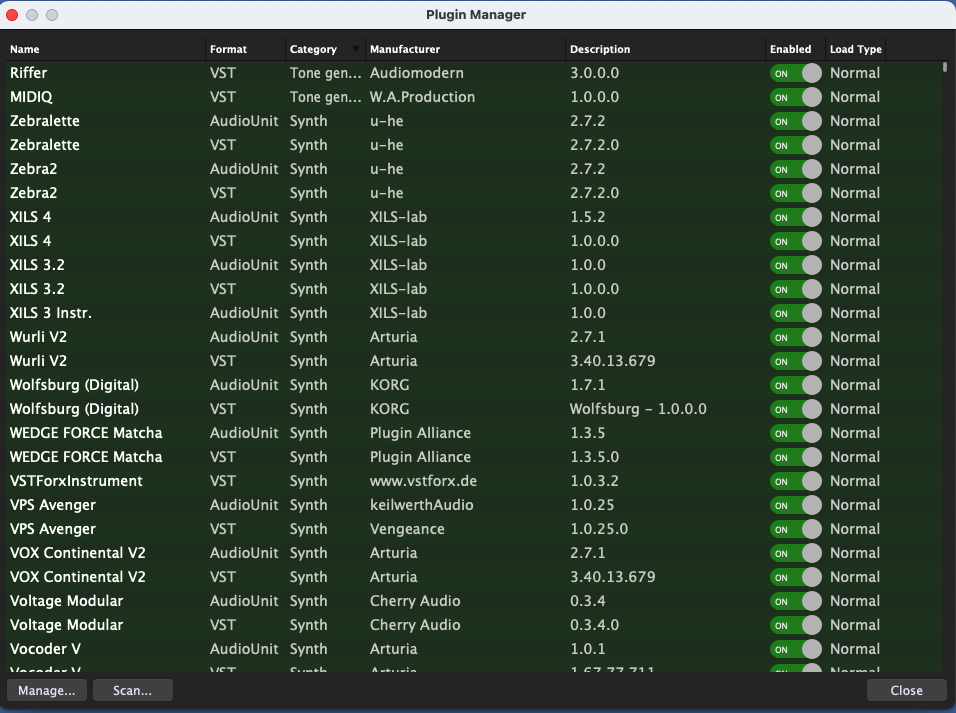 The Plugin Manager in Gig Performer 4 on Mac; it manages AudioUnit (AU), VST3 and VST plugins.