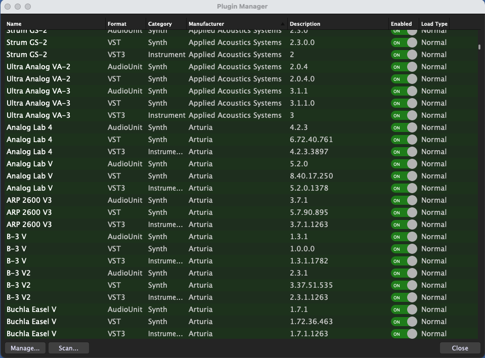 AudioUnit plugins (AU plugins), VST and VST3 plugins arranged by the Manufacturers name in Gig Performer 4