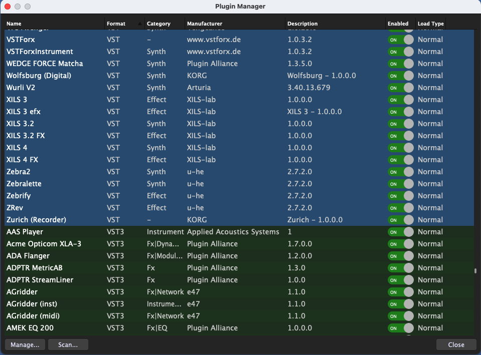 AudioUnit plugins (AU plugins), VST and VST3 plugins arranged by the plugin format in Gig Performer 4