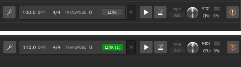 Gig Performer tempo change, before and after Ableton Link is enabled.