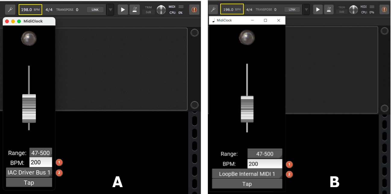 MidiClock, simple MIDI clock generator, Windows and Mac screenshots with Gig Performer