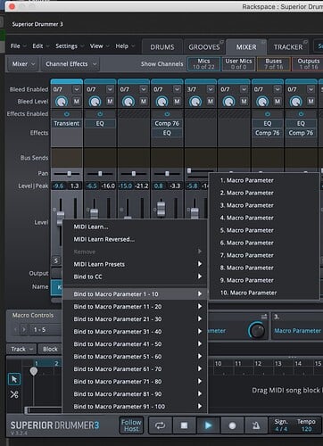 Toontrack Superior Drummer 3 parameters bind to macro buttons