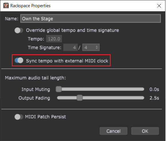 Sync tempo with external MIDI clock, Rackspace Properties in Gig Performer