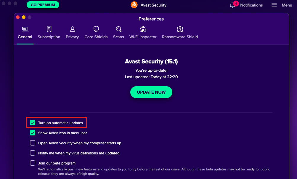 Turn off automatic updates in Preferences of Avast Antivirus for macOS