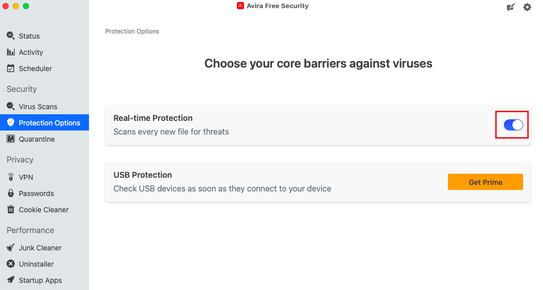 Turn off real time protection of Avira Antivirus macOS