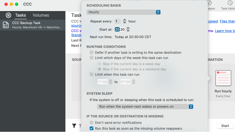 Scheduling tasks on CCC (Carbon Copy Cloner) on macOS Monterey