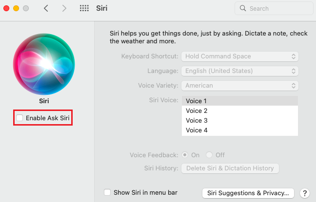 Turn off Siri virtual assistant on macOS Monterey