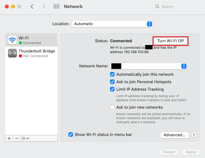 Turn off WiFI in Network settings on macOS