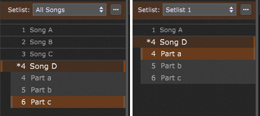 Program Change number assignments are copied from All Songs to a new setlist