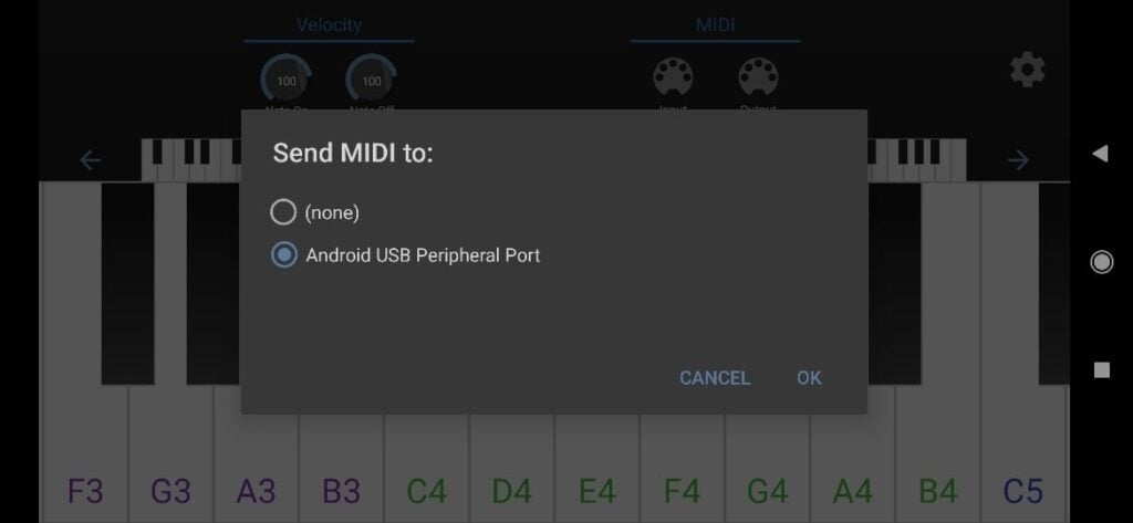 Select Android USB Peripheral Port to send MIDI via USB