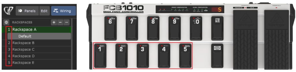 Use Behringer FCB1010 footswitches to activate Gig Performer Rackspaces