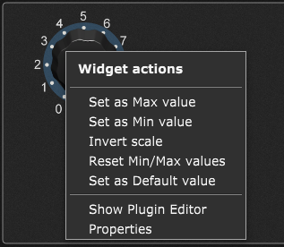 Widget actions menu in Panels View in Gig Performer