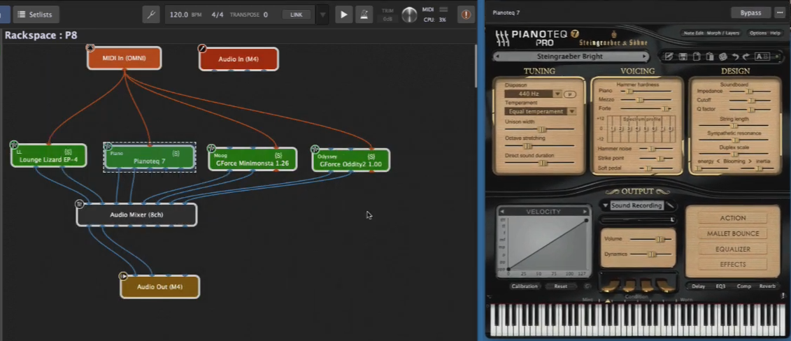 Pianoteq and Gig Performer, audio plugin host (VST, VST3, AU host) for live performance